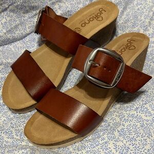 Yokono Women's Brown Leather Wedge Slide Sandals with Buckle Size 9 Spain